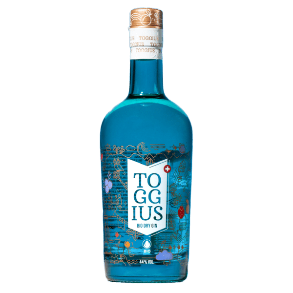 Eine Flasche vom Toggius - Dry Gin aus dem Toggenburg - einmalige Zusammensetzung, hohe Qualität, edles Design